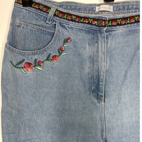 NorthWest Blue Woman Denim Jeans Floral Embroidered Wide Flare Leg Boho Sz 22W - Picture 2 of 15